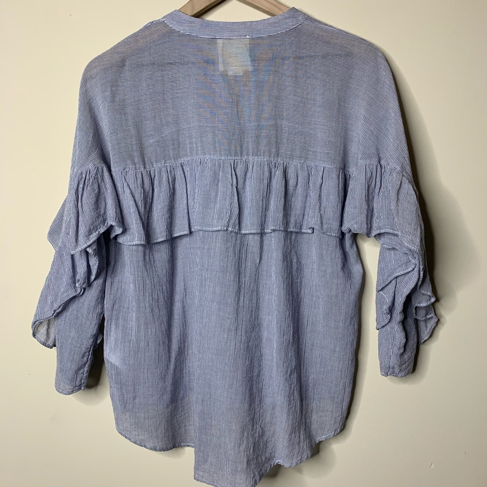 Anthropologie Maeve Blue Stripe Ruffle Blouse - Picture 5 of 8